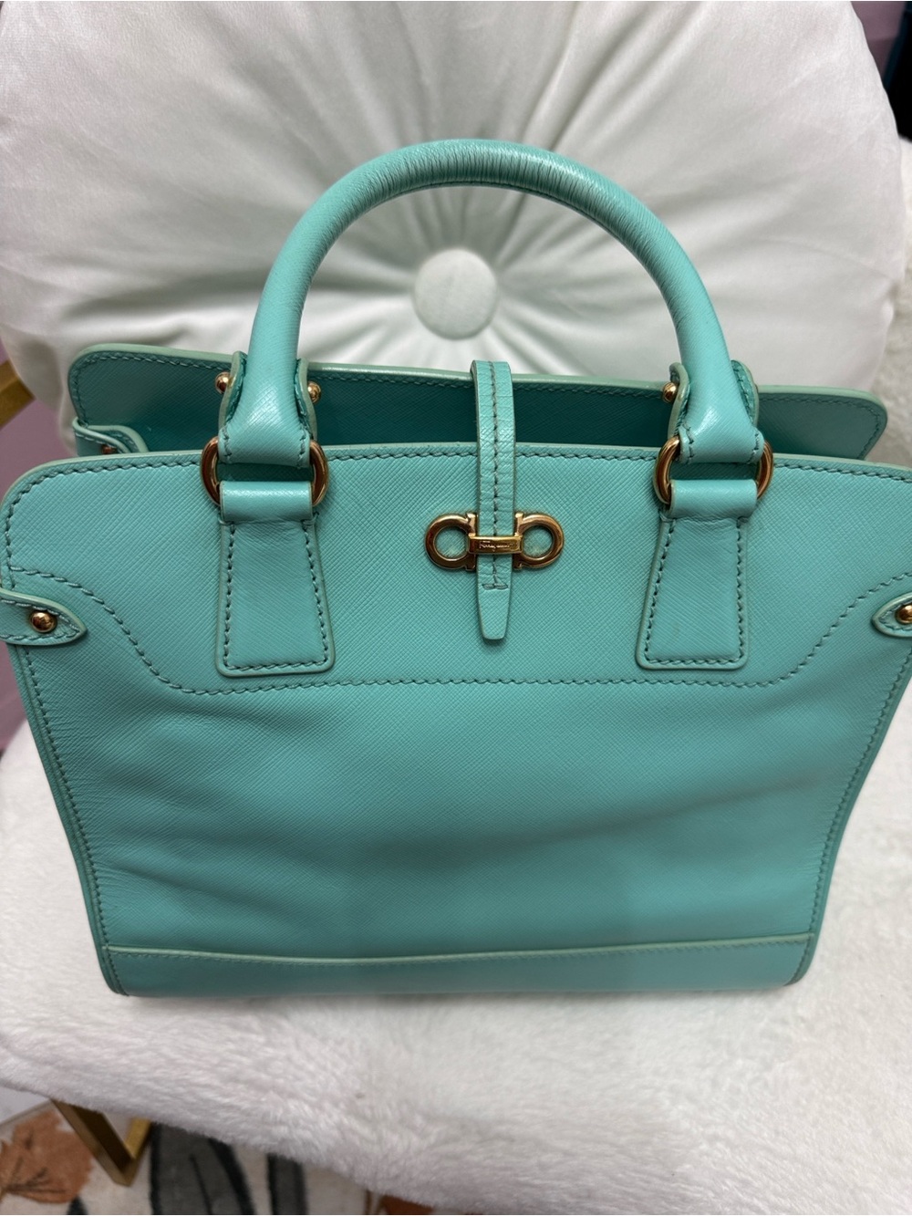 Salvatore Ferragamo Mint Green Leather Satchel with Gold Hardware